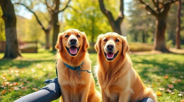 A happy golden retriever sitting next to a friendly trainer during a training session