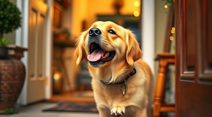 A cute golden retriever barking at the door, looking alert and curious