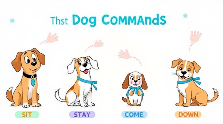 Illustration of basic dog commands like sit, stay, and come