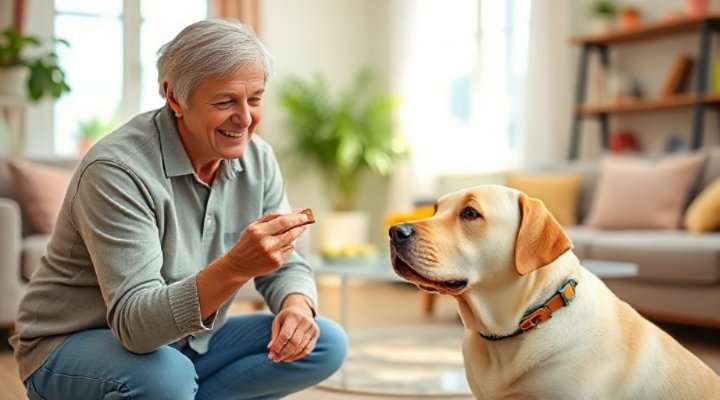 A happy owner giving a treat to a quiet and well-behaved dog