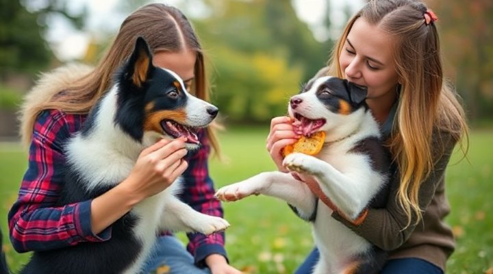 A smiling woman using treats to train her excited border collie