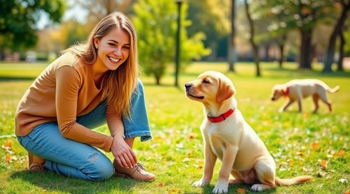 A happy owner teaching basic commands to a cute puppy