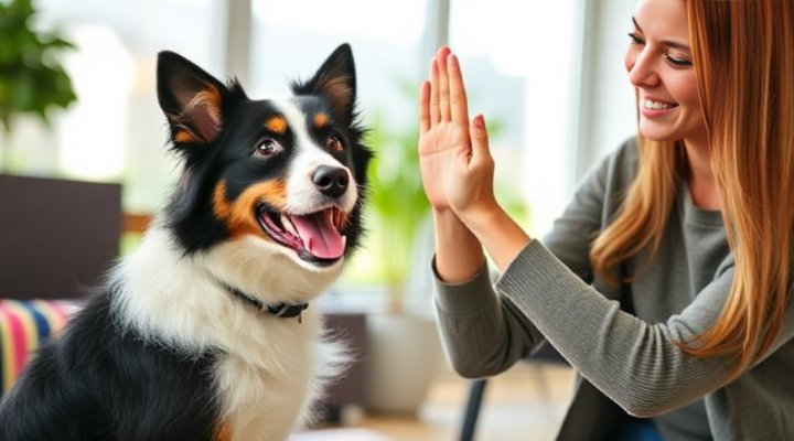 Well-trained dog performing a trick successfully