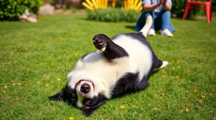 A dog performing an advanced trick like rolling over