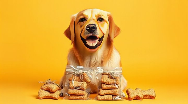 A happy golden retriever sitting with a pile of training treats