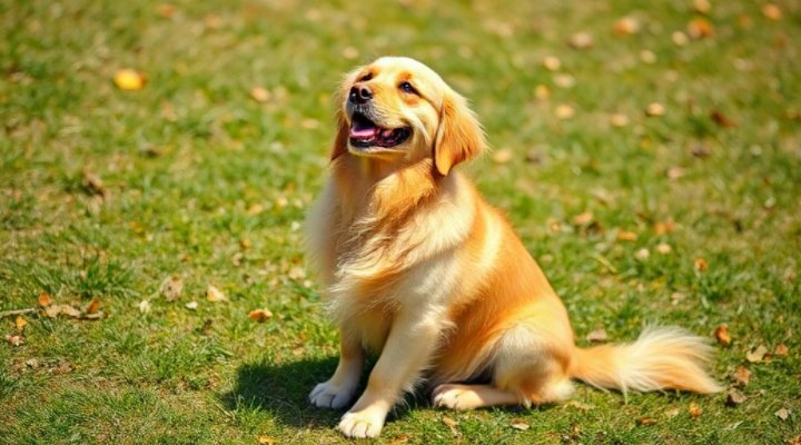 A well-trained dog sitting obediently with a happy expression