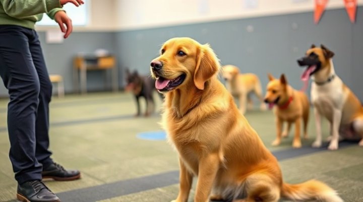A golden retriever happily following commands in a dog training class
