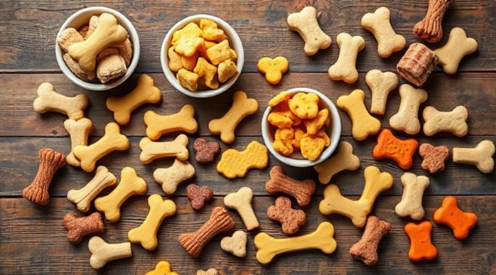 Assorted dog training treats on a wooden table
