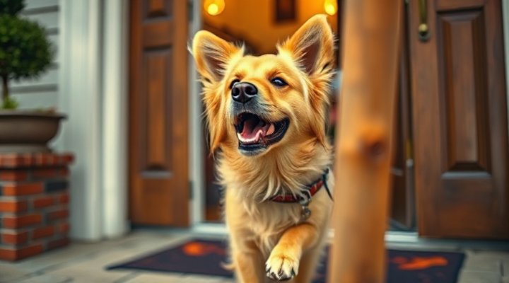 A cute golden retriever barking at the front door, looking alert but friendly