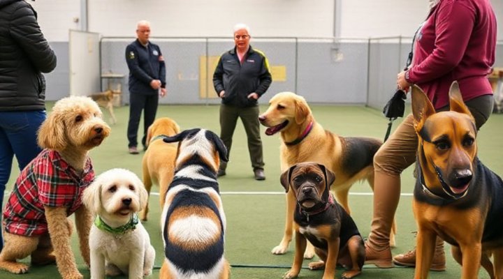 Multiple dogs and owners participating in a group training session