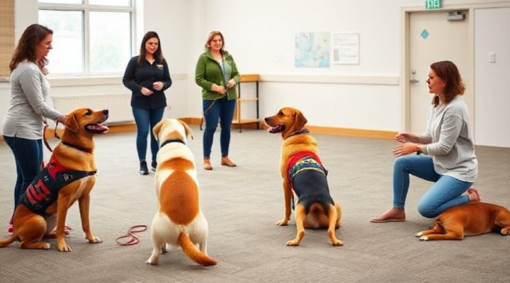 Group dog training class with multiple owners and dogs