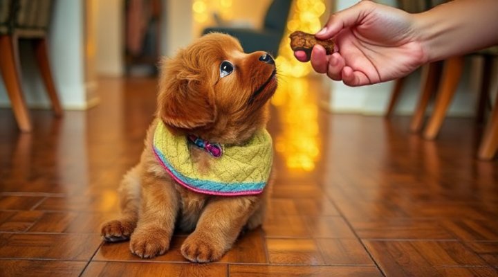 Adorable puppy learning sit command from owner