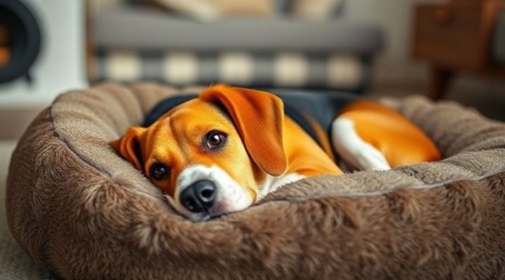 A content beagle resting on a dog bed after successful training session