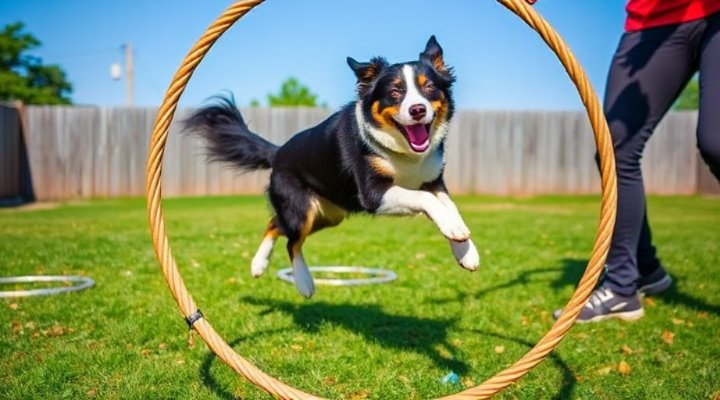 Dog performing an advanced trick by jumping through a hoop