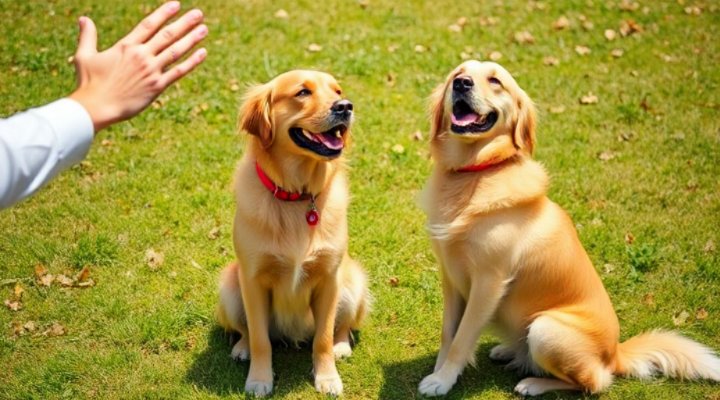 Cute golden retriever sitting and responding to basic commands