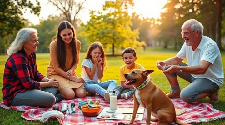 Multi-generational family enjoying training session with their mixed breed dog in the park