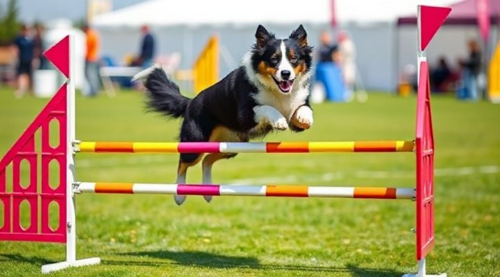 Border collie completing an agility course jump