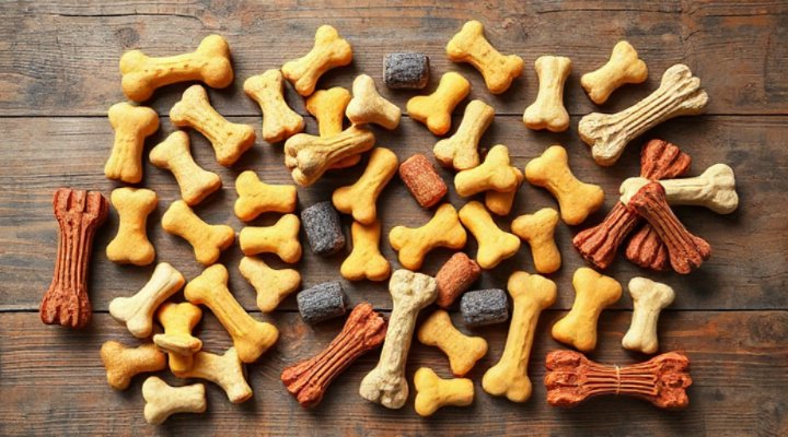 Assortment of different types of dog training treats on a wooden table