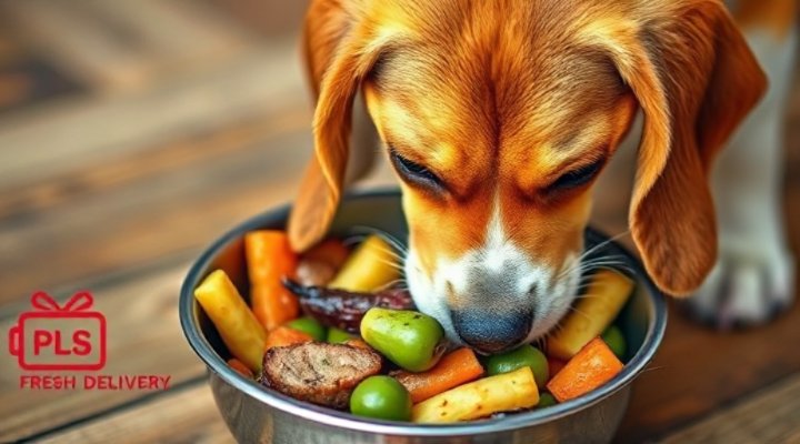 A dog happily eating food from a delivery service
