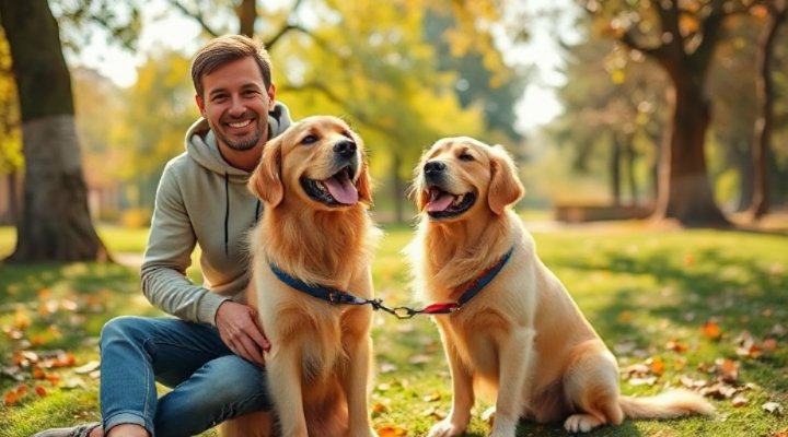 A happy golden retriever sitting next to its owner in a park