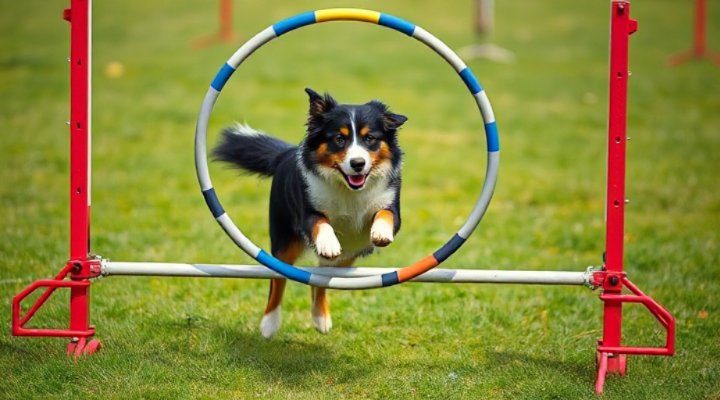 A trained dog completing an agility course obstacle