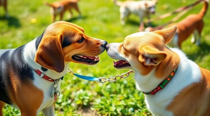 Two friendly dogs meeting and sniffing each other at a dog park