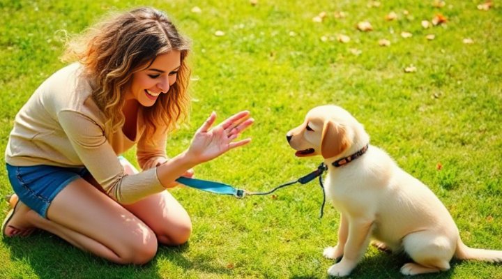 A smiling woman teaching a cute golden retriever puppy to sit in a sunny backyard