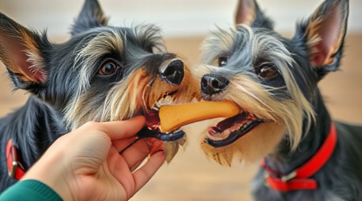 Close-up of a hand giving a treat to an eager small dog during obedience training