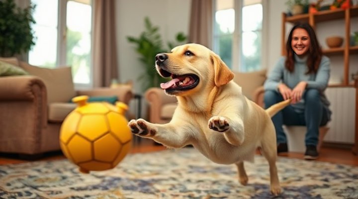 A Labrador retriever playing fetch indoors as part of training