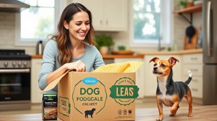 A woman unpacking a dog food delivery box with her dog nearby