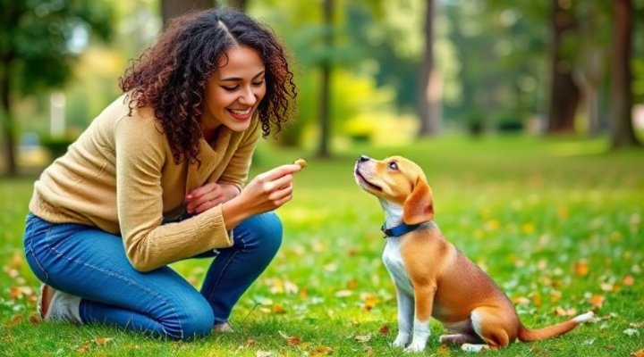 A young woman rewarding her small dog with treats during a training session