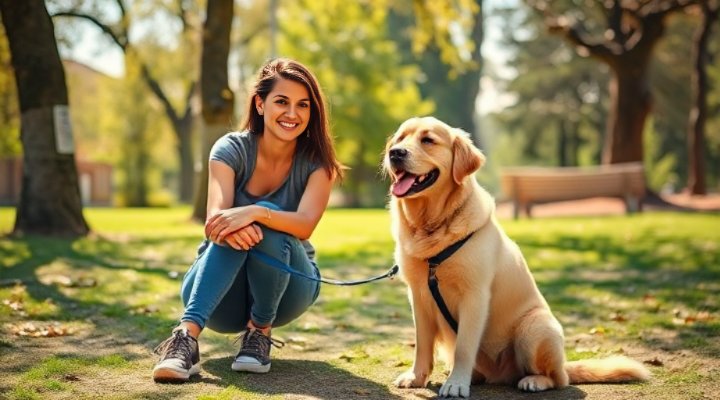 A happy golden retriever sitting next to a smiling trainer