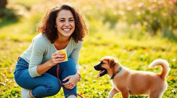 A smiling woman holding a leash and treats, ready to train her puppy