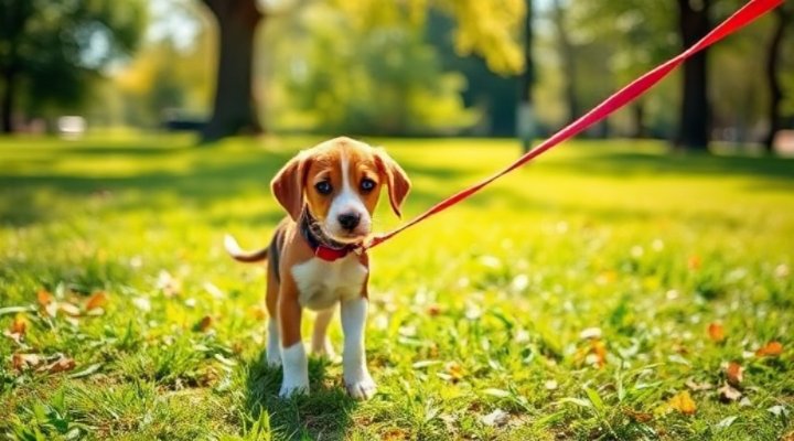 Small puppy taking first steps on a leash in a park