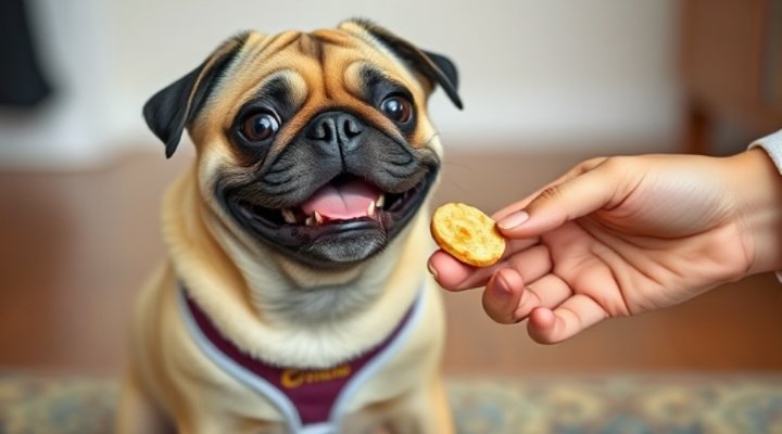 A small dog being rewarded with a treat during training