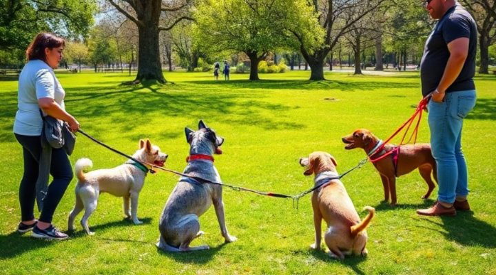 Group dog training class with multiple breeds learning together