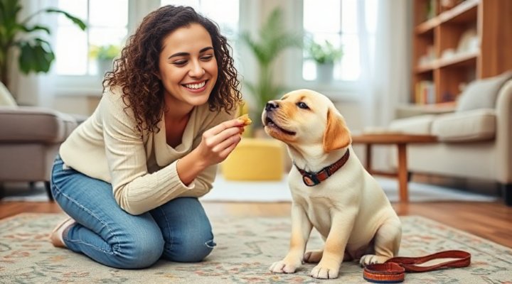 A woman using treats to train her excited puppy