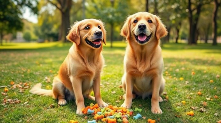 A happy golden retriever sitting with a pile of training treats