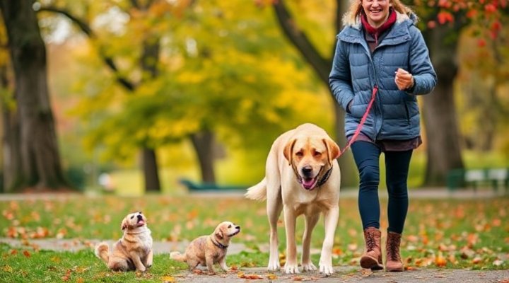 A well-trained dog walking calmly beside its owner