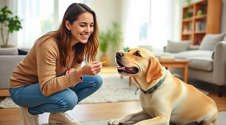 A smiling woman giving a treat to her happy Labrador as a reward for quiet behavior