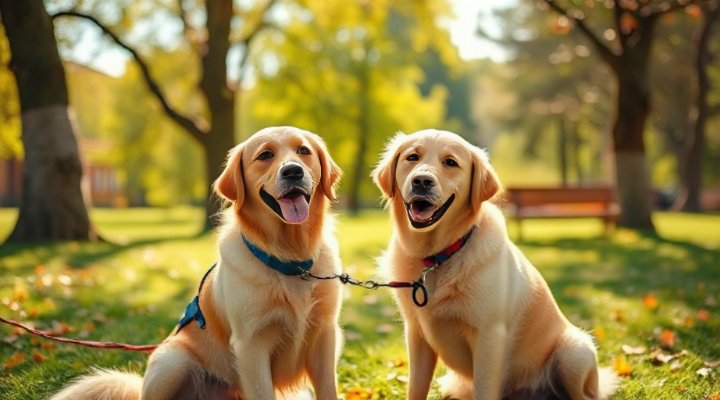 A happy golden retriever sitting next to its owner in a park