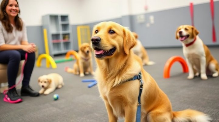 A golden retriever happily participating in a dog training class