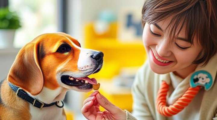 A happy owner giving a treat to a calm dog