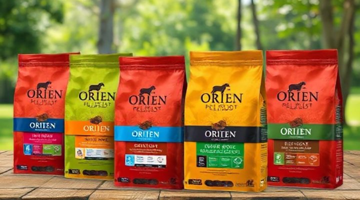Various Orijen dog food packages displayed together