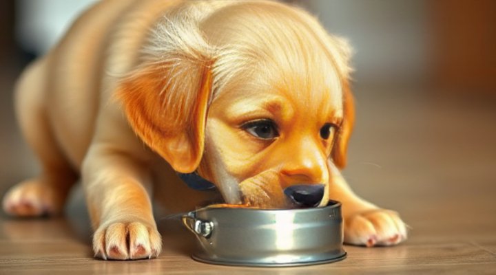 A puppy eating puppy-specific food