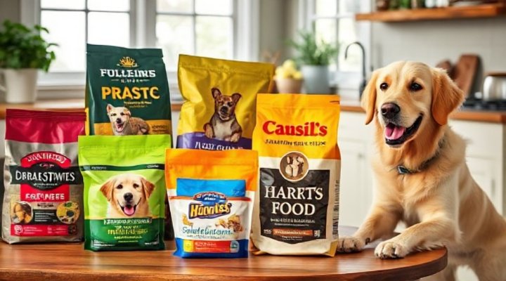 Various healthy dog food brands displayed on a table