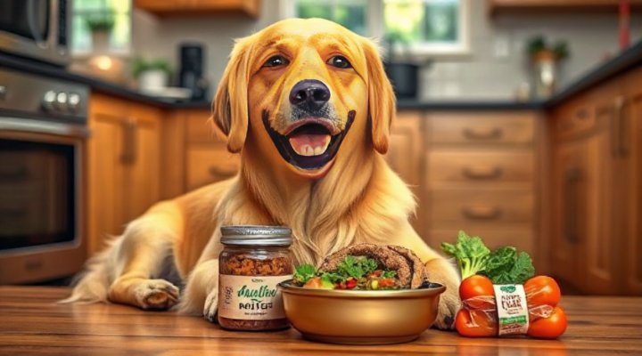 A happy golden retriever enjoying a bowl of The Farmer