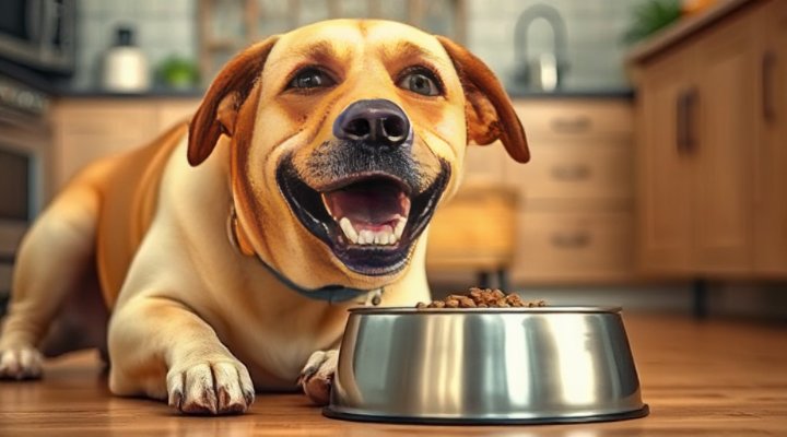 A happy Labrador eating Fromm dog food from a bowl