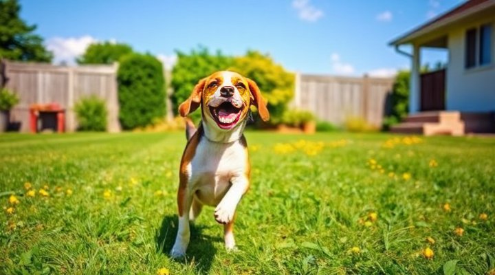 Happy dog playing in a flea-free yard