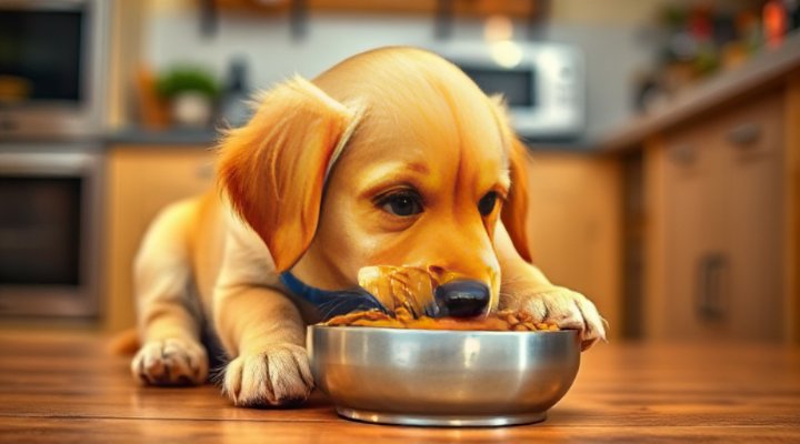 A happy golden retriever enjoying a bowl of fresh dog food